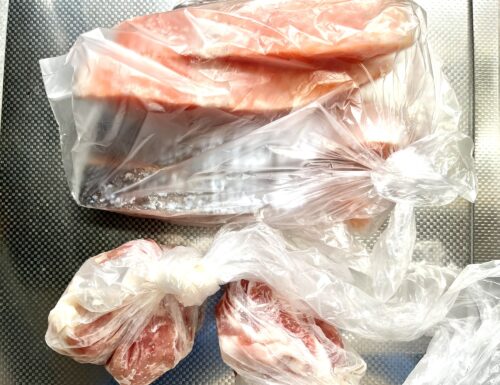 冷凍した鮭と肉